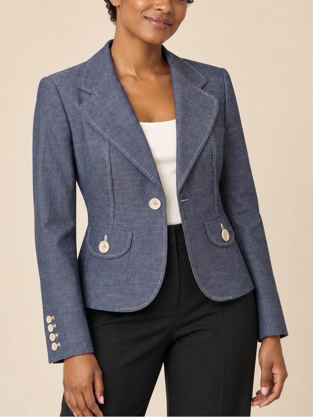 Blue Chambray Fitted Blazer Contrast Stitch Peplum Back LOFT Size 4 Workwear